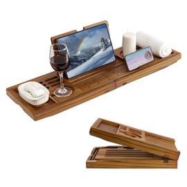 Luxury Teak Bathtub Tray - Foldable Bath Caddy with Expandable Handles, Wine Glass & Phone Holder, Book Stand - Enhance Home Spa Experience with Natural Material - Relaxing & Reading, Teak