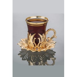 ihvan online Turkish Nostalgic Tea Glasses and Saucers Set for 6 Person, Luxury Turkish Tea Set, 12 Piece Fancy Tea Glasses Set, Perfect Vintage Housewarming Wedding Gifts, Tea Cups Set, Color: Gold