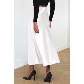 PRETTYGARDEN Women's Summer Midi Satin Skirt Dressy Casual High Waisted A Line Flowy Ruffle Elegant Party Skirts (White,Medium)