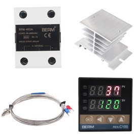 Digital PID Temperature Controller REX-C100 PID Thermostat Temperature Controller Digital REX C100 with 40DA SSR Relay K Thermocouple Probe RKC and Silver Heat Sink