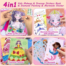 4-in-1 Dress Up Game Set, Princess Fantasy Makeup, Fashion Dress-Up Stickers, Mermaid Stickers & Diamond Painting, Creative Paper Art Craft Kits Toys, Ideal Birthday Gift for Girls Ages 4 5 6 7 8 9+