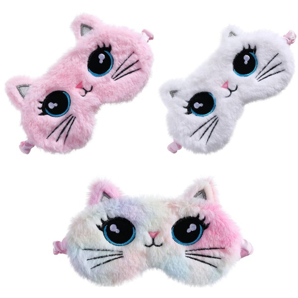 SacJkt Pack of 3 Children's Sleeping Mask, Sleeping Mask, Kitten Plush, Sleeping Mask, Funny Animals Sleeping Mask for Women, Children, Girls, Ladies, Sleeping, Naping, Travel, on the Plane (Pink,