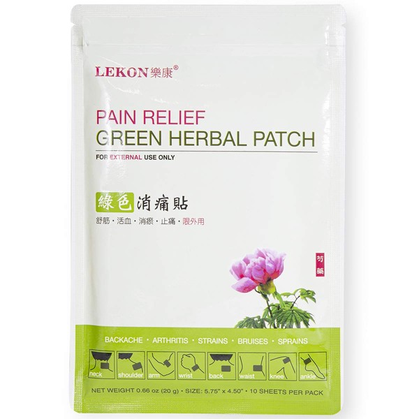 LEKON - Pain Relief Green Herbal Patch 10 Sheets Per Pack - Regular Size 5.75 in x 4.5 in