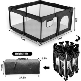 Veraste Foldable Baby Playpen,Collapsible Playpen for Babies and Toddlers, Extra Large Foldable Playpen for Baby with Gate, Baby Activity Center with Fence, Portable Travel Play Pen (Black 51"×51")