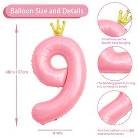 Crown Pink 9 Balloons - 9th Birthday Decorations, 40inch Large Pastel Pink Foil Balloons for Kids Party