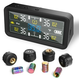 RV Tire Pressure Monitoring Systems with 4-inch LCD Screen, Wireless TPMS w/ 4 Sensors & 6 Alarm Modes, 0-144 PSI ±1.5PSI, Solar/USB Charging, for RV Trailer Truck - with 4 Tire Valve Stem Caps