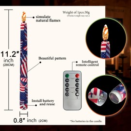 6PCS US Flag Stars and Stripes Flameless Taper Candles, 11 Inch LED Candlesticks Battery Operated with 11-Key Remote and Timer, 3D Flickering Flame Lights for Wedding Party Home Decor Gifts