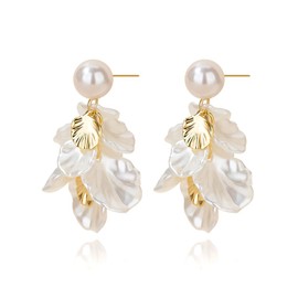 Qlady Pearl Drop Earrings for Women, Gold Plated Floral Petal Earrings, Romantic Bridal Jewelry for Weddings & Special Occasions