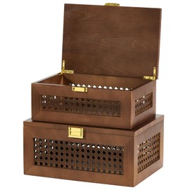 VinneGenzz Decorative Rattan Storage Boxes Solid Wood Woven Baskets Bins with Lid Keepsake Memory Jewelry Box Natural Boho Shelf Wicker Closet Desk Organizer Container (Walnut Color, Large Size)