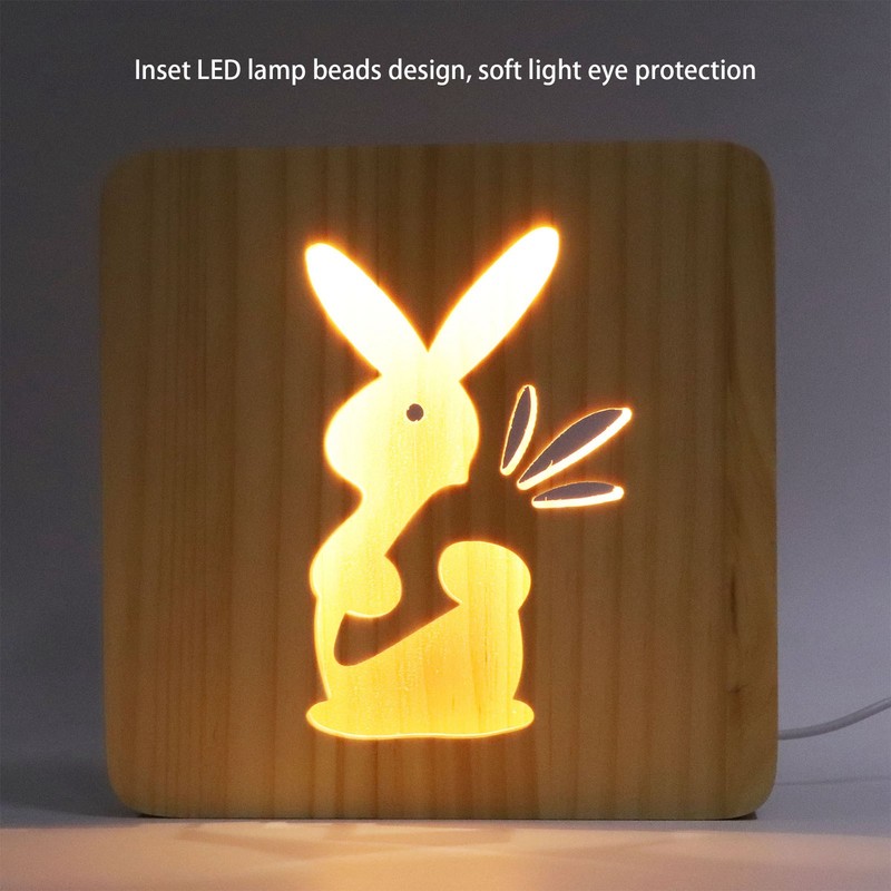 Wooden Carving Night Light Rabbit Shape Soft Light Eye Protection
