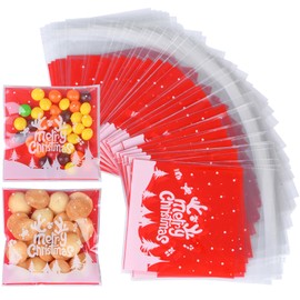 FamEaze 100 PCS Christmas Cellophane Treat Bags with Self Adhesive Clear Cellophane Cookie and Candy Bags for Christmas Party Favors Supplies, 4 * 4 Inches