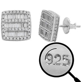 Real Solid 925 Sterling Silver - Men's Square Baguette Earrings - Iced CZ 10mm Earrings Screw Backs - Flooded Out Hip Hop Aretes Para Hombre