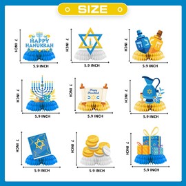 9 Pcs Hanukkah Decorations Honeycomb Table Centerpieces,Chanukah Menorah Dreidel Hanukkah Table Topper Sign for Hanukkah Party Supplies Jewish Holiday Table Decoration