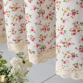 Cortina corta de algodón de lino de 27.5 pulgadas de largo, elegante encaje floral para ventana de cocina, baño, 1 panel, flor rosa pequeña