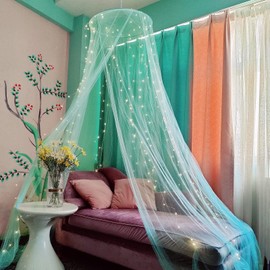 Eimilaly Bed Canopy Mosquito Net with 250pcs Warm White Lights, Bed Canopy for Girls Room Decor or Theme Party, Green/Warm White Lights