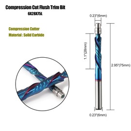 EU_HOZLY Compression Flush Cutter Bit 6 mm Shank Cutter Up & Down Cut Spiral Flush Trim Router Bit, 28 mm Cutting Length with Ano Coating, Carbide Drill Bits Wood Milling Cutters (6 x 28 x 75 L)
