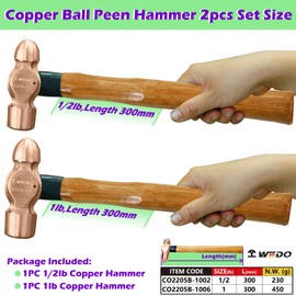 WEDO 2PCS Copper Ball Peen Hammer Set, 8 oz + 16 oz(1/2lb+1lb),Ball Pein Hammer with Wooden Handle, Die-Forged, Corrosion Resistant, DIN Standard