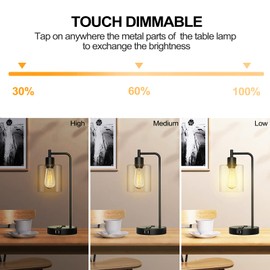 Qimh Industrial Touch Control Table Lamp with 2 USB Ports and 2 AC Outlets, 3-Way Dimmable Bedside Nightstand Reading Lamps with Warm White LED Bulb, Glass Desk Lamp for Bedroom, Office