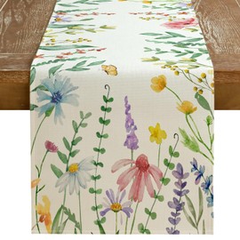 GEEORY Spring Table Runner 13x48 Inch Watercolor Wild Flower Farmhouse Rustic Holiday Kitchen Dining Table Decoration for Indoor Outdoor Dinner Party Décor GT004