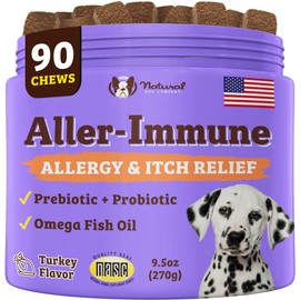 Natural Dog Company Aller-Immune Chews (90 Pieces), Turkey Flavor, Canine-Specific Probiotics, Allergy Immune Supplement for Dogs, Boosts Immune System, Antioxidant, Itch Relief for Dogs