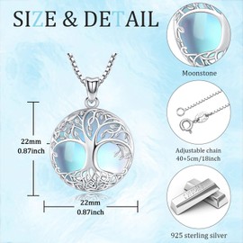 Odinstone Tree of Life Necklace Sterling Silver Moonstone Jewelry Round Family Tree Pendant Necklace for Women Girl
