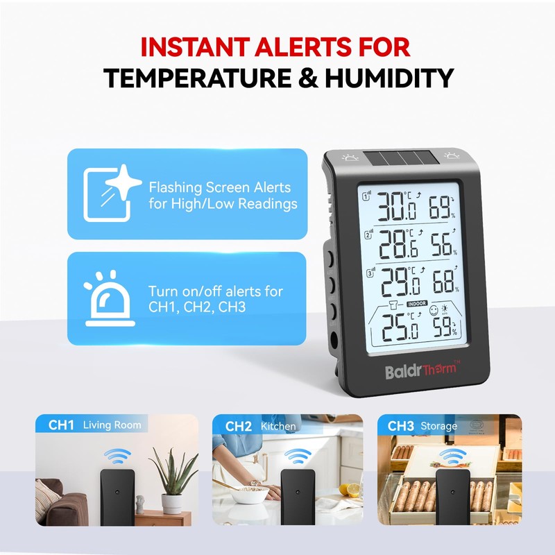 BaldrTherm Solar Outdoor Thermometer, Wireless Temperature & Humidity Monitor with