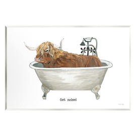 Stupell Industries Get Naked Humorous Highland Cattle Animal Sign Wood Wall Art, Design By Cindy Jacobs