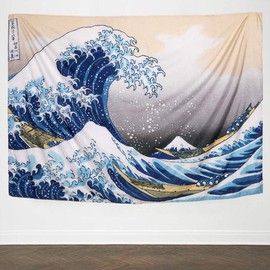 IcosaMro Wave Tapestry Wall Hanging - Hokusai Wall Art with Hemmed Edges, Ocean Sea Wall Blanket Home Decor for Bedroom College Dorm, (The Great Wave Off Kanagawa, 60x82.7), Orange