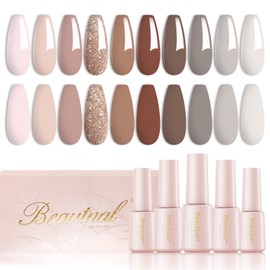 Larvall Beautpal Nude Grey Gel Nail Polish Set 10PCS All Seasons Skin Tones Gel Polish Set Neutral Gel Polish Colors Soak Off UV/LED Lamp Needed Salon DIY Manicure Gift Box for Women Girls 7ml