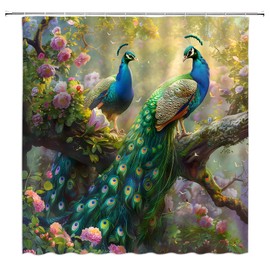 MSAYNFG Peacock Shower Curtain Beautiful Birds Floral Branches Wildlife Animal Elegant Nature Fabric Bathroom Decor Set with Hooks(70" Wx70 H)