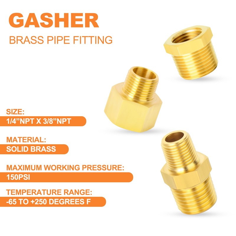 GASHER 6PCS Brass Pipe Fitting, Hex Bushing, Reducer Adapter, Reducing