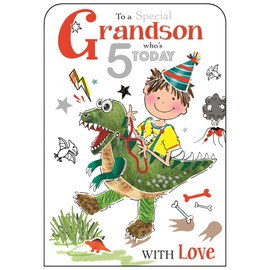 Grandson 5th Birthday Card - Age 5 - Dinosaur Boy - Special Finishes and Illustrated Insert Leaf - Made in the UK - Eco-Friendly