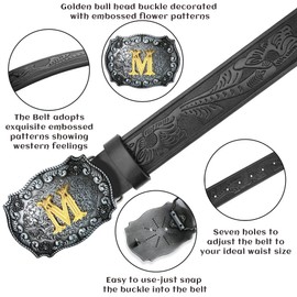 LCG LUCHENGYI Mens Western Cowboy Cowgirl Leather Belt Longhorn Bull Pattern Letter Big Buckle Belt Embossed Floral Belts