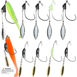 DAMIDEL 10Pcs/Box（2 Models Mixed） Jig Heads Swimbait Fishing Hooks,Worms Senko Soft Bait Weighted Hooks Set with Lead Weighted Hooks/Spinner Blades/Twistlock/Luminous, 1/5 oz 1/4oz 1/3oz 2/5oz (5/0)