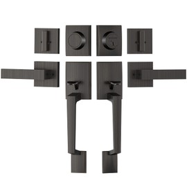 TICONN Double Front Door Handle Set, Heavy Duty Square Door Lever and Single Cylinder Deadbolt Combo for Side by Side Entrance Exterior Doors (Oil Rubbed Bronze)