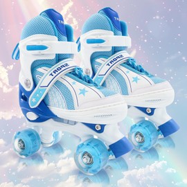 Adjustable Kids Roller Skates for Girls and Boys Ages 3-5 5-8 8-12, All 8 Wheels of Girl's Skates Shine, Safe and Fun Illuminating for Outdoor Indoor Sports (Sky Blue, Large -Youth (3.5-6))