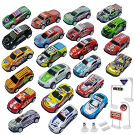 TOYABI Pullback Diecast Cars, 30Pcs Die Cast Metal Toy Cars With Roadblock, Small Cars For Kids