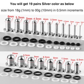 LADEMAYH 22PCS/16PCS/26PCS/38PCS Stainless Steel Ear Stretching Kit with 0.5mm Increments, 18g-00g Dead Stretching Short Tapers Plugs with Rubber Rings - Safe & Easy for Men & Women (Silver), 1-10mm