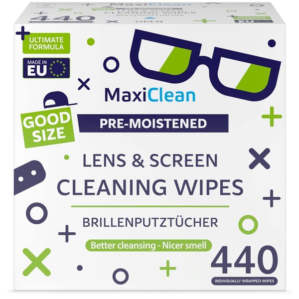 MAXI CLEAN Lens Wipes - 440 Pre-moistened Eyeglass Cleaning Wipes - Cleaner for Glasses, Laptops Screens, Binoculars, Optical Lens, Watch Screens, Made in Europe