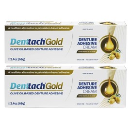 Denttach Gold Denture Adhesive, Petroleum Free Olive Oil Based Premium Denture Adhesive Cream for Full and Partial Dentures, All Day Secure Hold Denture Glue, Zinc Free, 2.4 Ounce (Pack of 2)