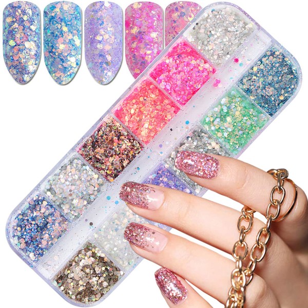 Colorful Glitter Nail Art Sequins, 12 Colors Iridescent Nail Flakes Decorations, Holographic Ultra-Thin Hexagon Powder Nail Art Design for Women Girls Manicure Sparkly Acrylic Supplies, Nail Art Tips