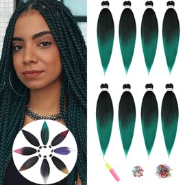 Pre-Stretched Braiding Hair ShowJarlly Soft Free Synthetic Fiber Hair Corchet Braids 8Packs/Lot Knotless Braiding Hair Extensions Hot Water Setting Crochet Braids Hair (20inch,T1B/Green#)