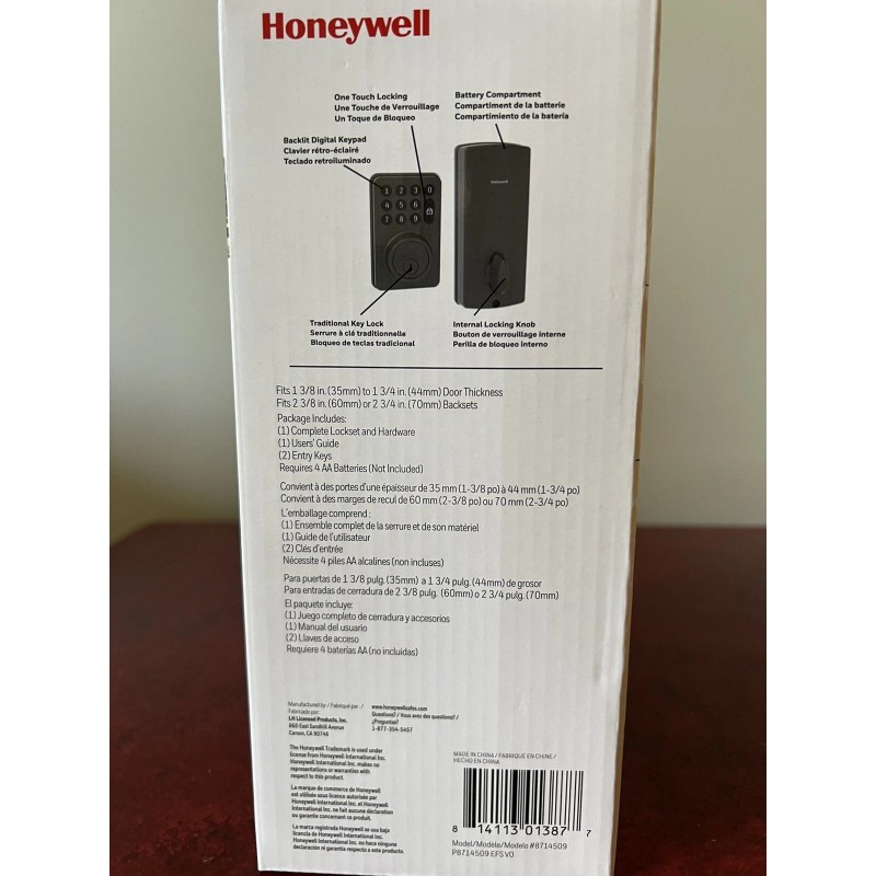 Honeywell Digital Deadbolt Door Lock Electronic Keypad - Oil Rubbed