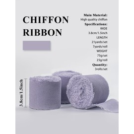 Sifleur Purple Ribbon, Light Purple Chiffon Ribbon, Lavender Lilac Silk Party Supply, 1.5''x21Yd Handmade Frayed Fringe Ribbon for Wrapping, Floral Vase, Birthday, Wedding, Baby Shower, 3 Rolls