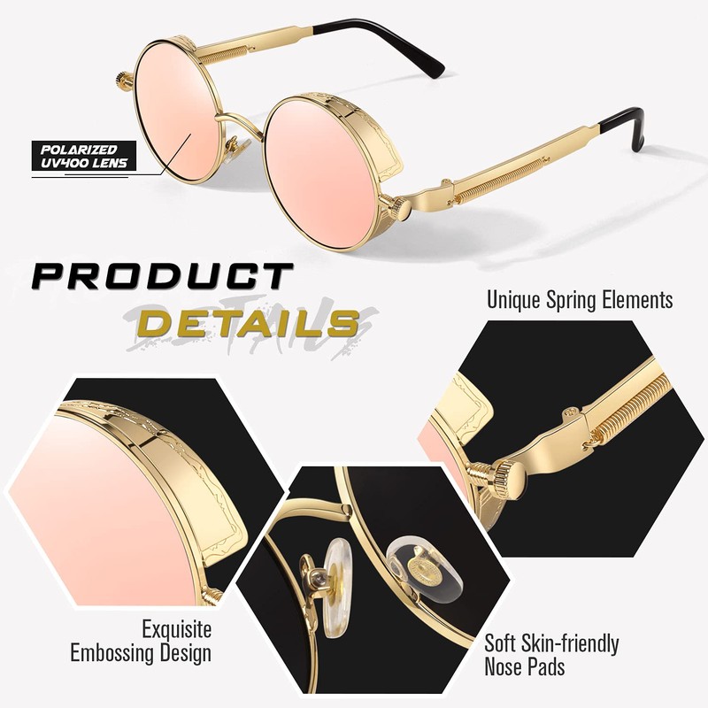 GQUEEN Retro Round Steampunk Polarised Sunglasses Men Women UV400, MTS2,