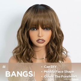 NOBLE Bob Wig with Bangs Short Wigs for Women Shoulder Length Heat Resistant Synthetic Wig Bob Curly Wavy Hair Wigs for Cosplay Daily Use