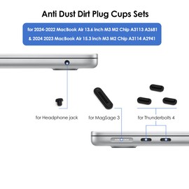 ProElife 7-Pcs Anti Dust Dirt Plug Cups Set for 2024 2023 2022 MacBook Air 13.6 inch 15 inch M3 M2 Chip (A3113/A3114/A2941/A2681) Accessories Laptop Silicone Anti Dirt Protective Cover (Black)