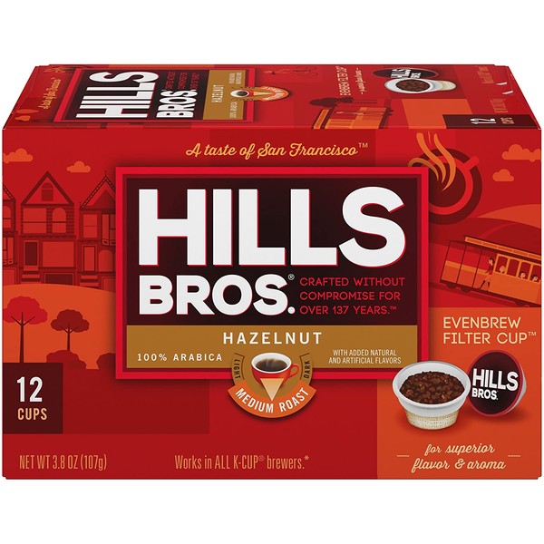 Hills Bros Single Serve Coffee Pods, Hazelnut, Medium Roast, 12 Count–Keurig Compatible, Roasted 100% Premium Arabica Coffee, Slightly Sweet and Nutty Flavor