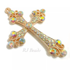 3" Large Iridescent Gold Rhinestone Crystal Wedding Bridal Rosary Cross Pendant