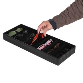 JackCubeDesign 7 Compartments Sunglasses Organizer, Leather Eyelgass Storage Tray Box for Table Desk Drawer (Carbon Design Black, 17.4 x 6.7 x 1.97) - MK378A